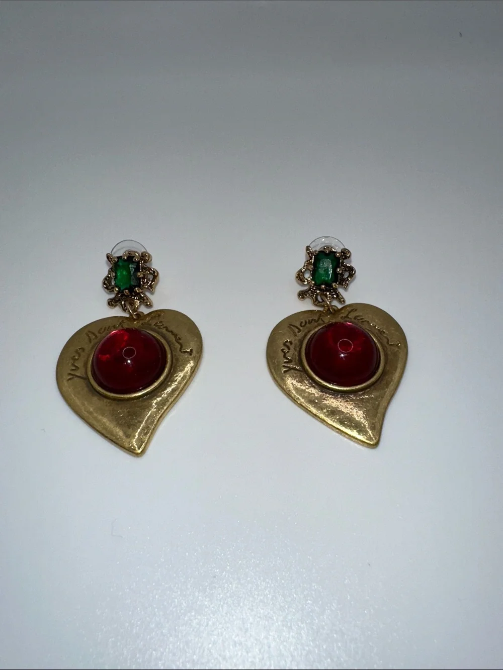 Gold-Toned Heart Drop Earrings with Red and Green Accents